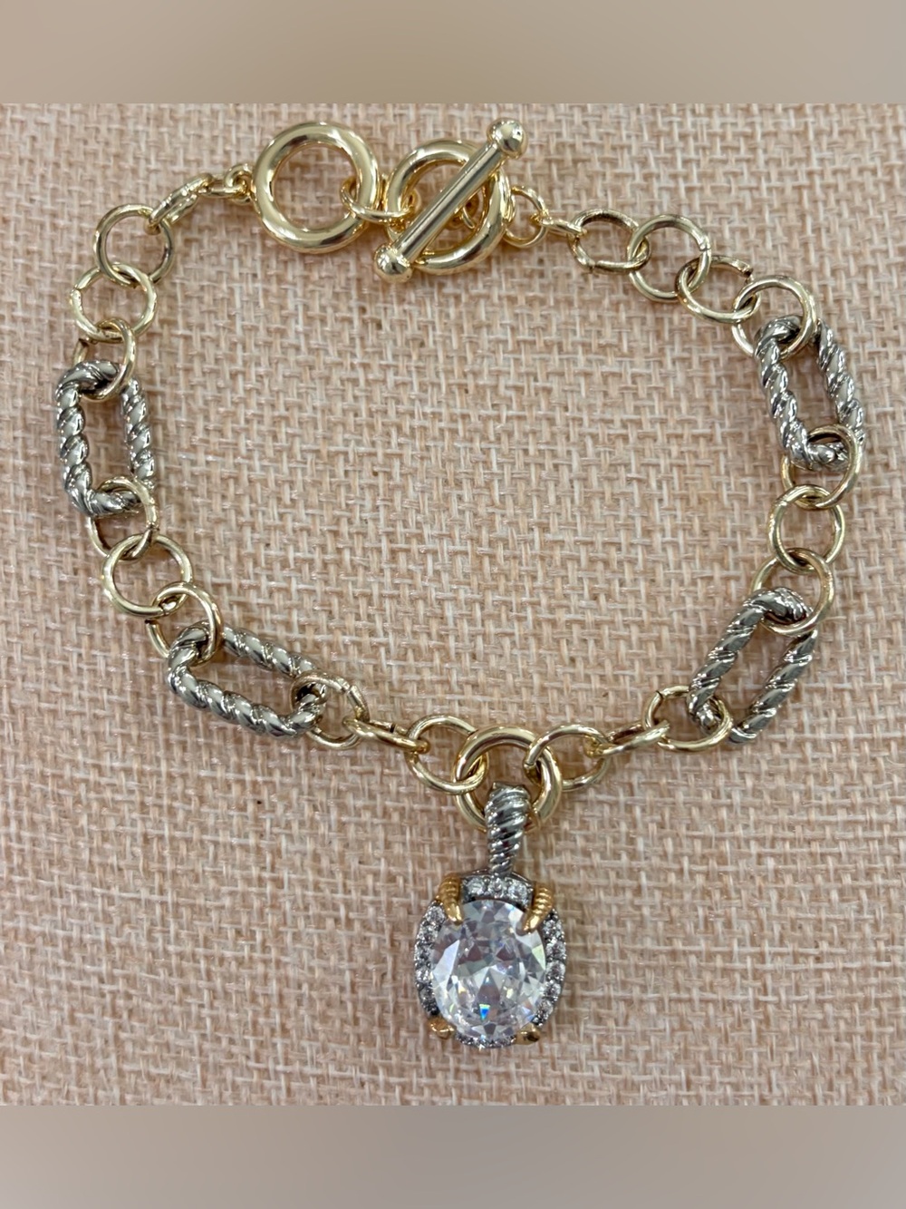 NEW Gold and Silver Two-Tone Chain Bracelet with Clear Pendant